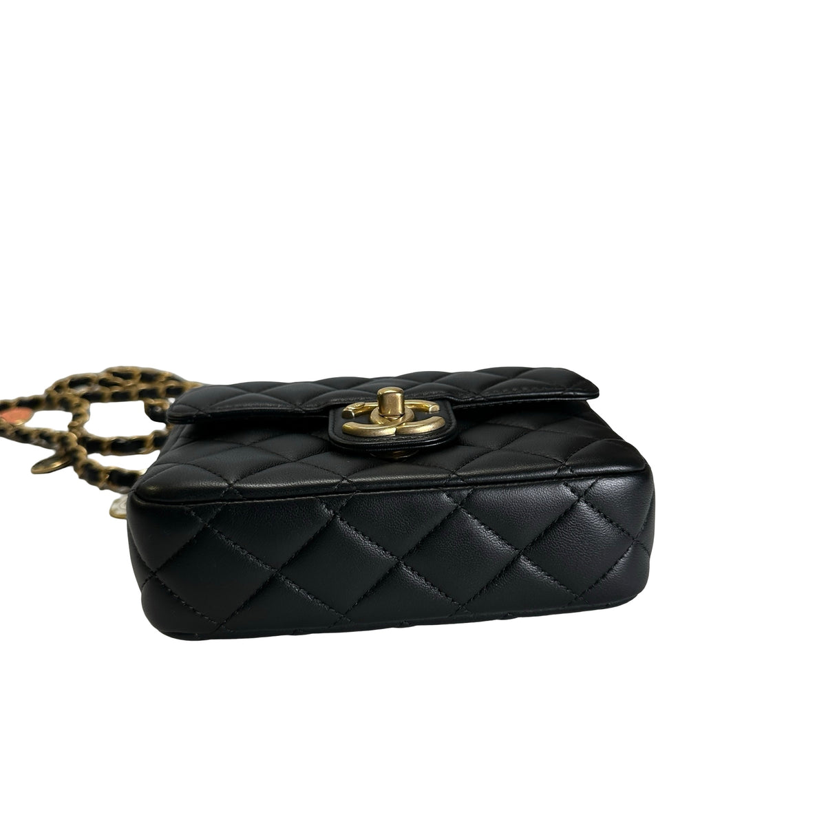 Used CHANEL Quilted Lambskin Mini Flap Bag Shoulder Bag Black Gold