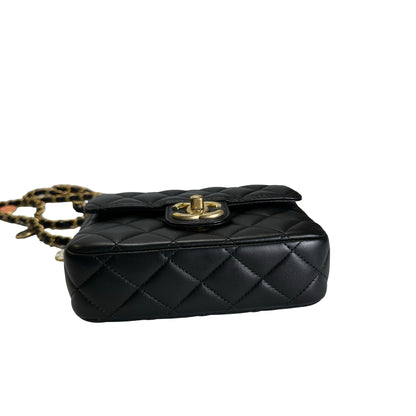 Used CHANEL Quilted Lambskin Mini Flap Bag Shoulder Bag Black Gold