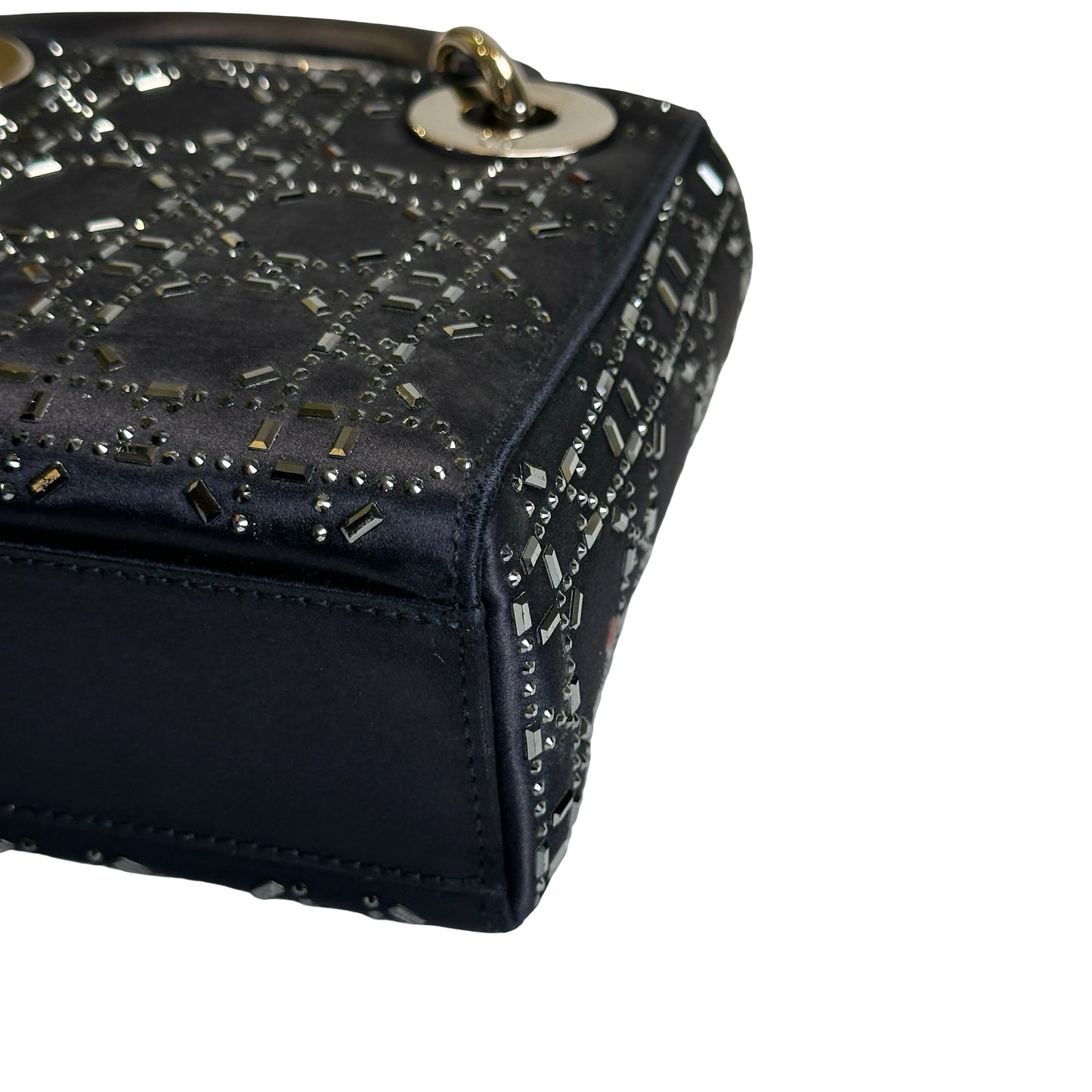 Used DIOR Cannage Rhinestone Lady Dior Handbag Black Silver