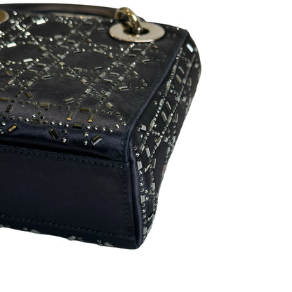 Used DIOR Cannage Rhinestone Lady Dior Handbag Black Silver