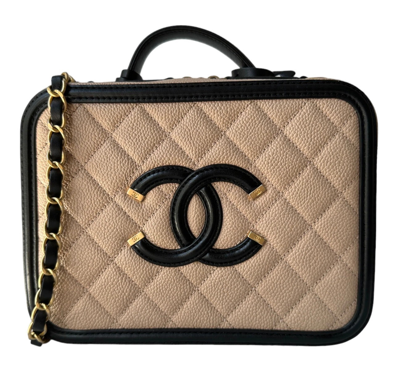 Used CHANEL Quilted Caviar Vanity Bag Vanity case Beige Black