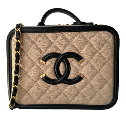 Used CHANEL Quilted Caviar Vanity Bag Vanity case Beige Black