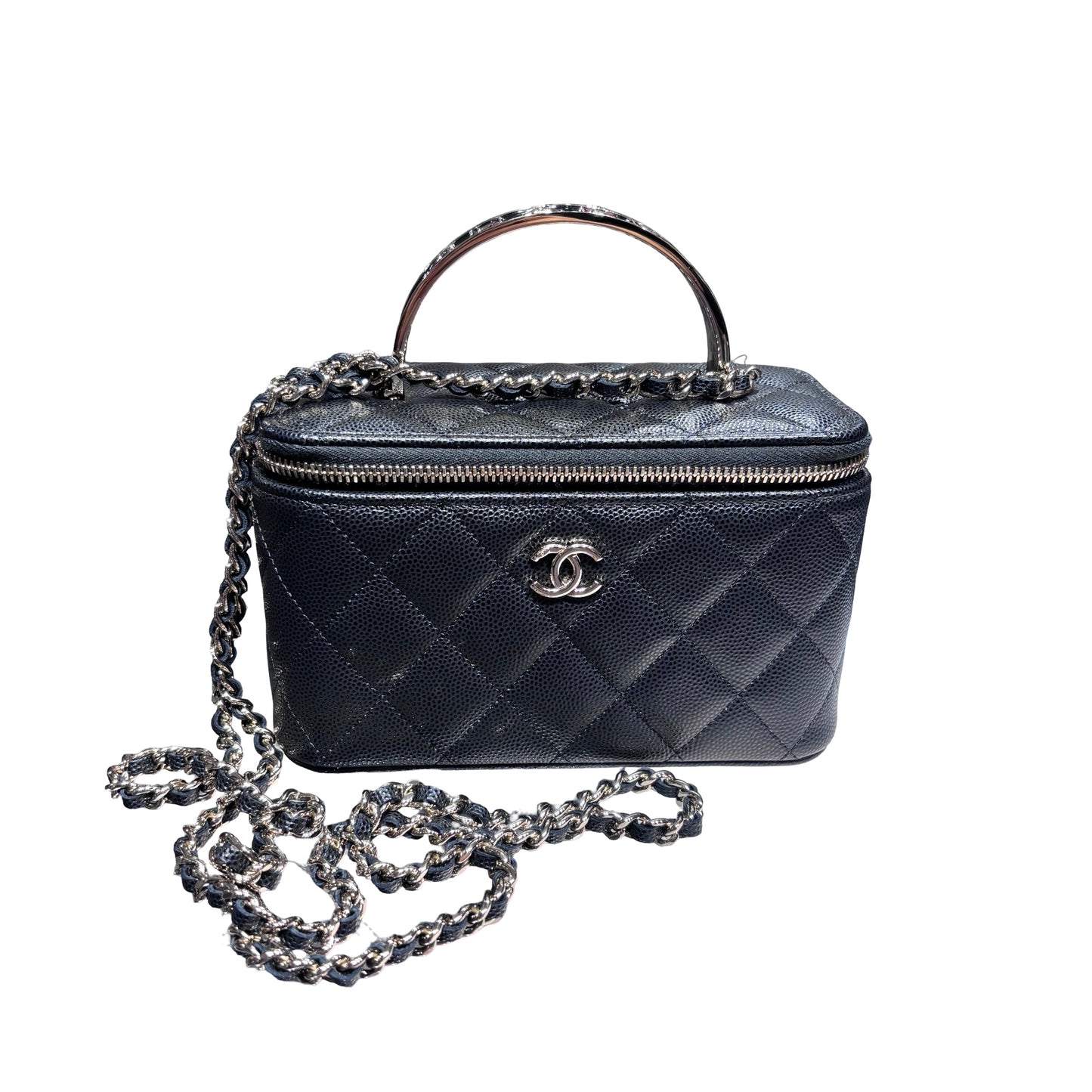 New CHANEL Vanity Case With Handle Clutch Black PHW