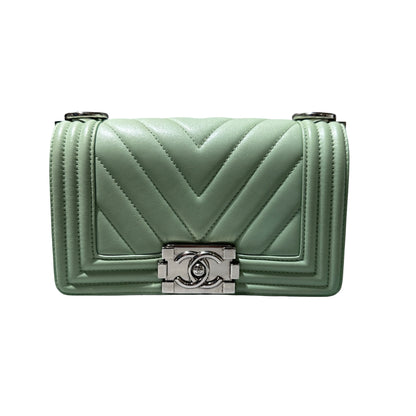 Used CHANEL Boy 20cm Cross Body Bag Green PHW