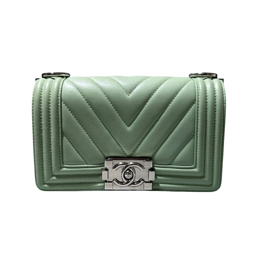 Used CHANEL Boy 20cm Cross Body Bag Green PHW