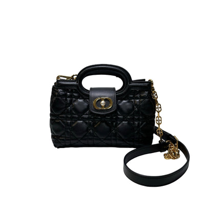 Used Dior Lambskin Leather Jolie Top Handle Cross Body Bag Black GHW