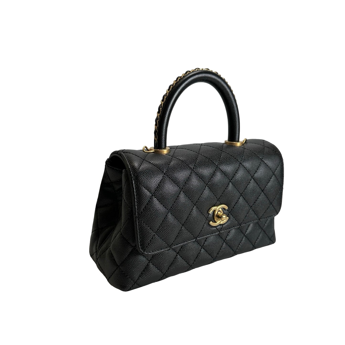 Used CHANEL Quilted Caviar Coco Handle Handbag Black Gold