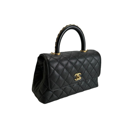 Used CHANEL Quilted Caviar Coco Handle Handbag Black Gold