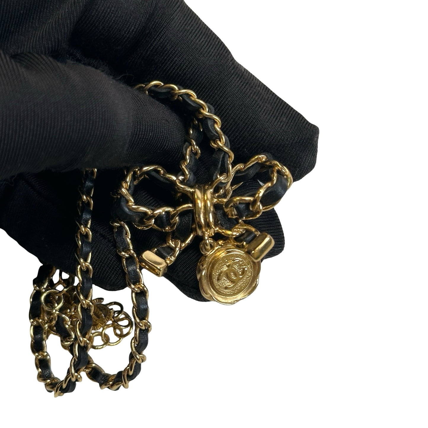 Used CHANEL Chain Bow Bow Ribbon Chain Necklace Gold Black