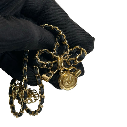 Used CHANEL Chain Bow Bow Ribbon Chain Necklace Gold Black