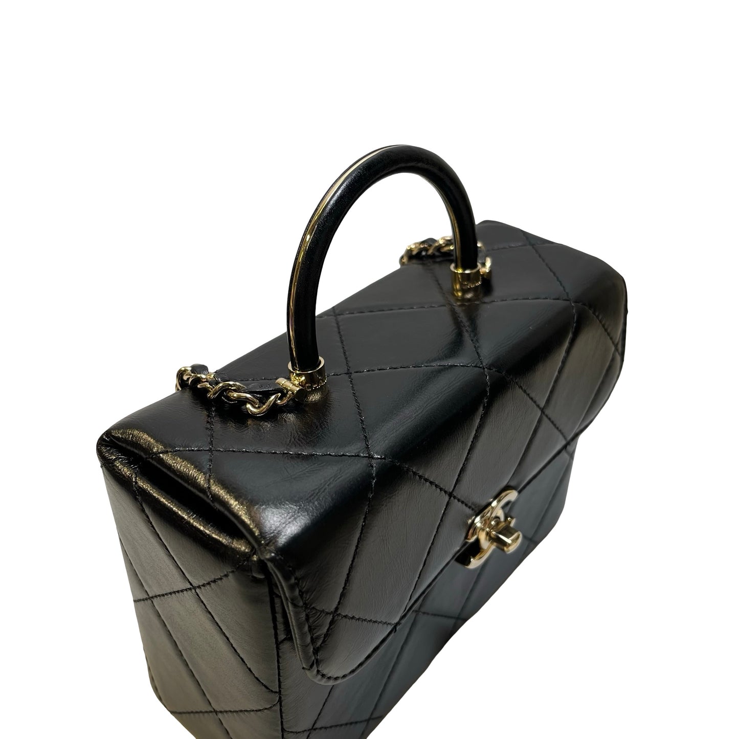 Used CHANEL Quilted Lambskin Mini flap bag with top handle Mini Bag Black Gold tone hardware