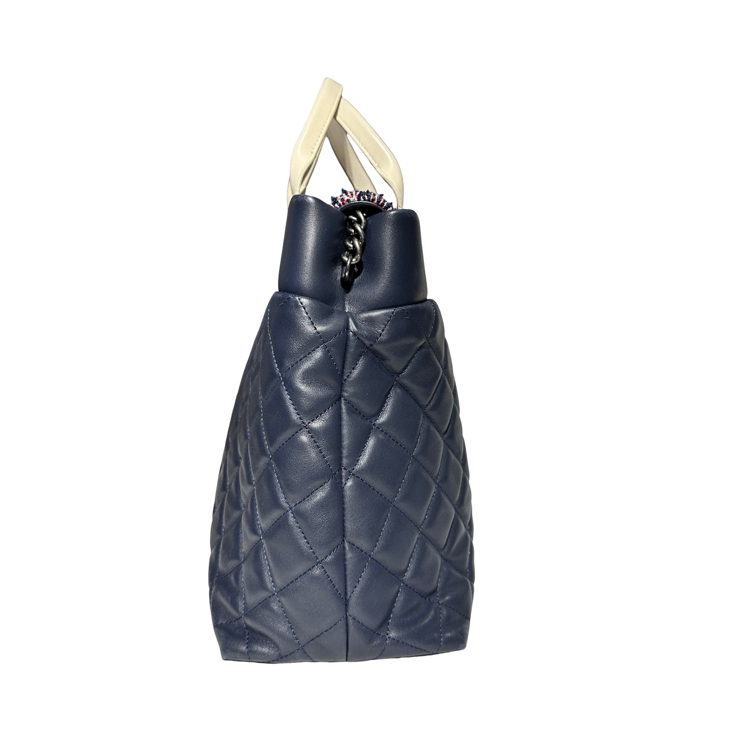 Used CHANEL Lambskin Leather Tweed Airlines Portobello Two Way Shoulder Bag Blue White PHW