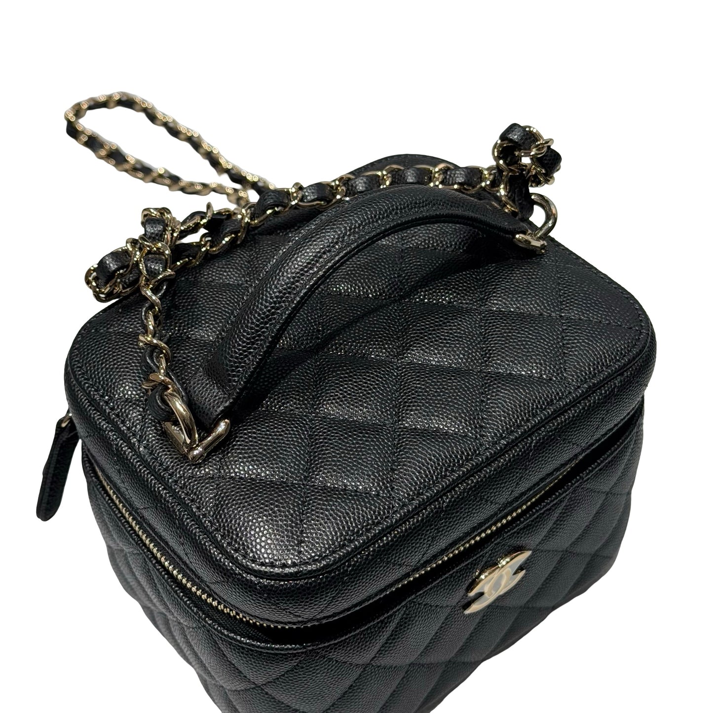 Unused Chanel Calfskin Leather Vanity Case Cross Body Bag Black GHW