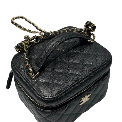 Unused Chanel Calfskin Leather Vanity Case Cross Body Bag Black GHW