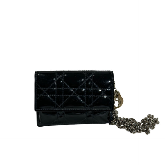 Used DIOR Cannage Patent Leather LADY DIOR NANO POUCH with CHAIN Chain Shoulder Bag Black GHW