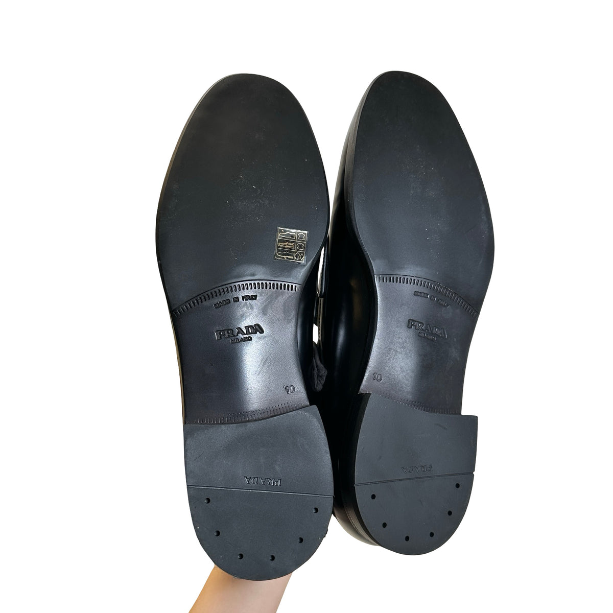 Used PRADA Leather Logo Plaque Loafers Shoes Black Silver