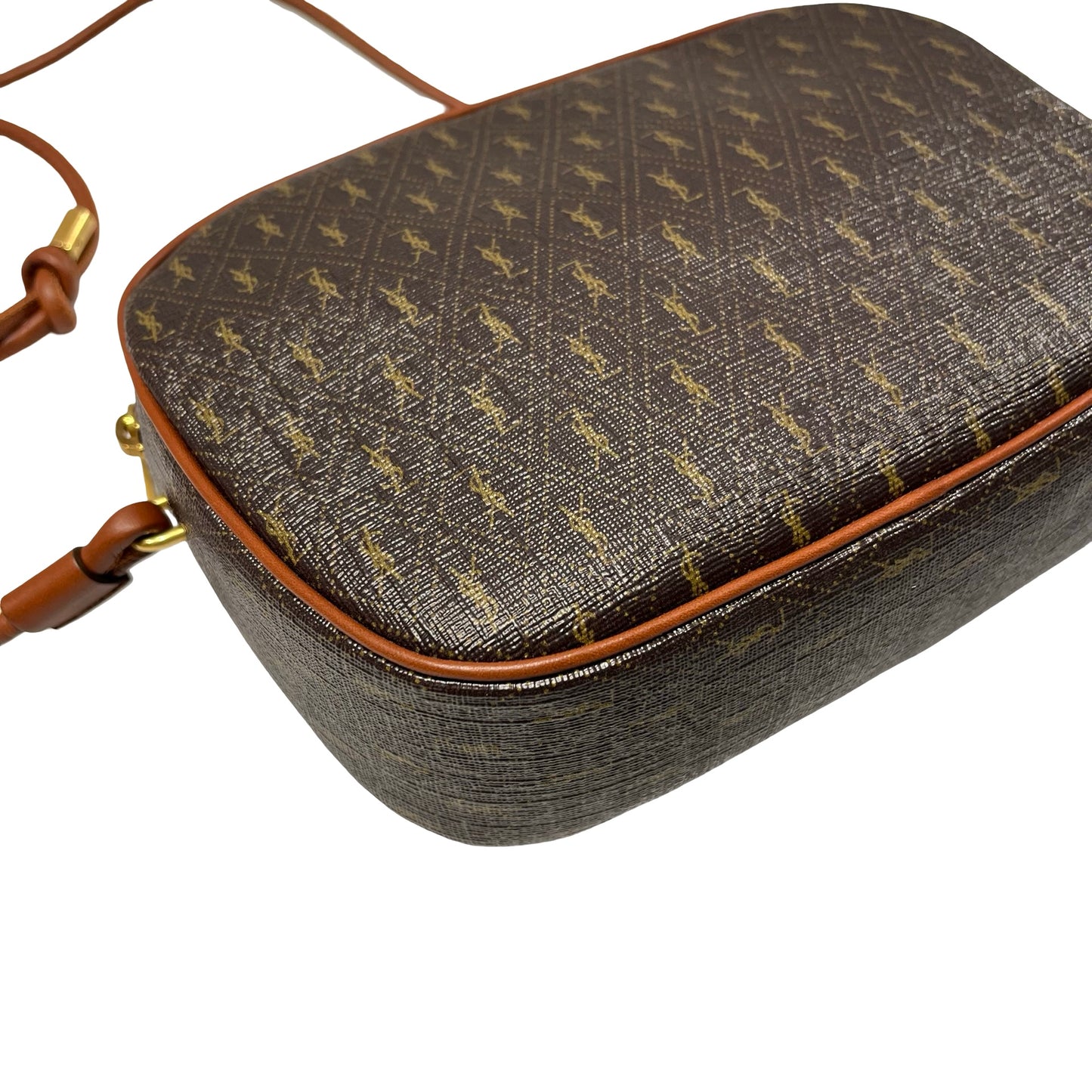 Used SAINT LAURENT Calfskin Leather Monogram Crossbody Shoulder Bag Brown GHW