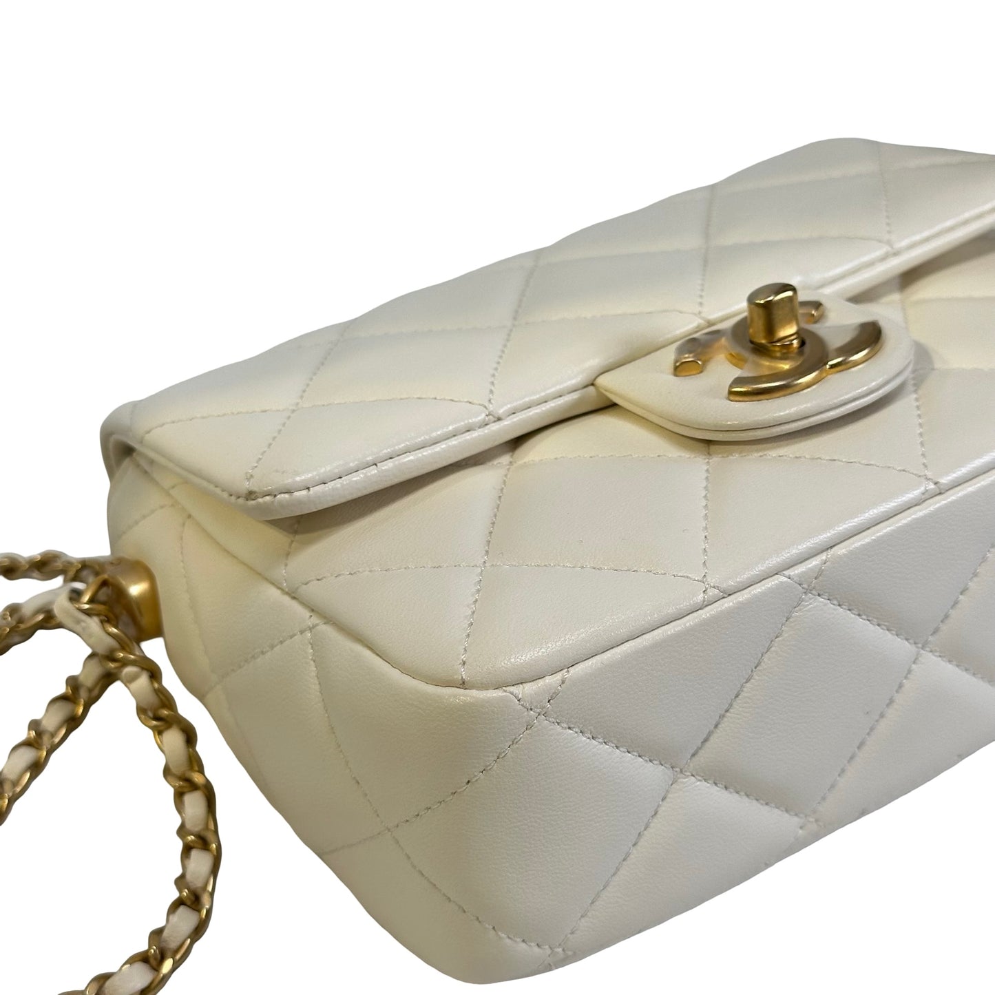 Used CHANEL Lambskin Mini Flap Bag With pearl Mini Bag White