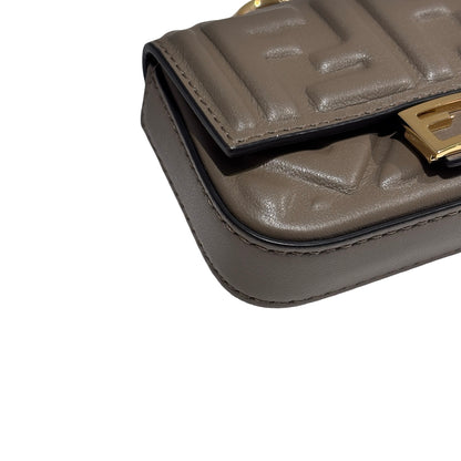 Used FENDI FF Leather Baguette Mini Bag Grey Gold