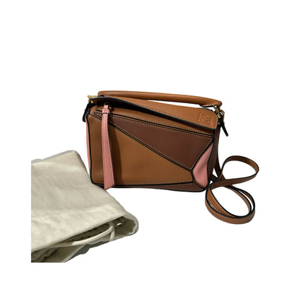 Used Loewe Calfskin Leather Puzzle Mini Cross Body Bag Brown Pink GHW
