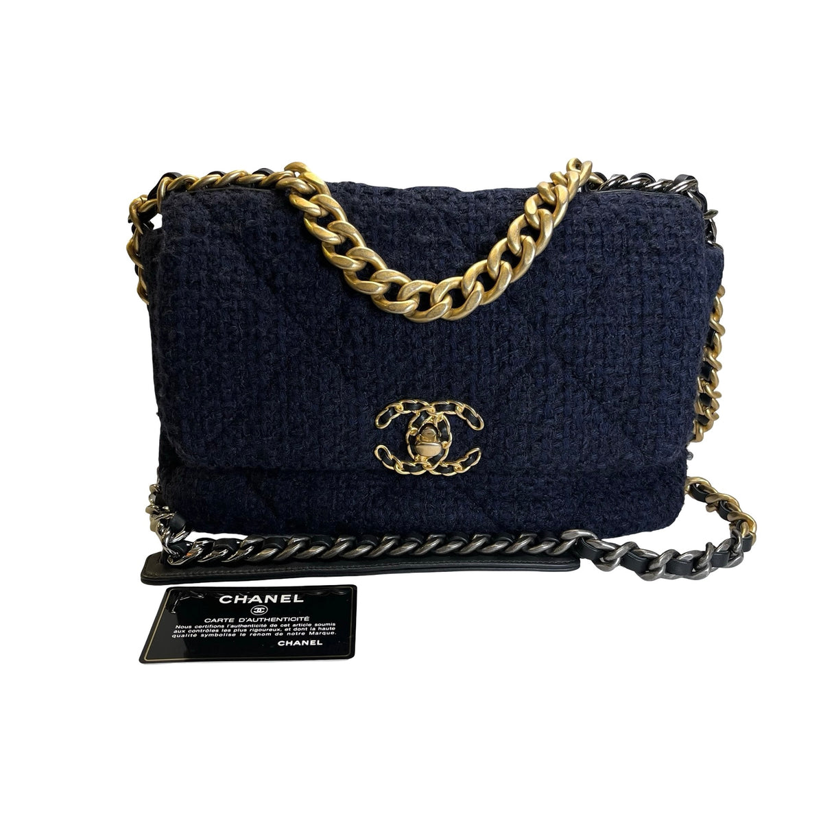 Used CHANEL Tweed Chanel 19 Small Shoulder Bag Navy