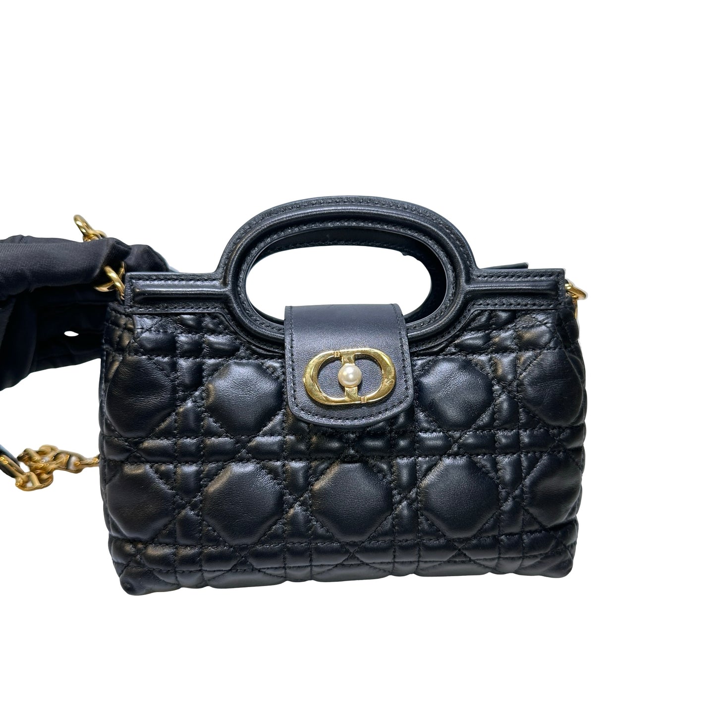 Used Dior Lambskin Leather Jolie Top Handle Cross Body Bag Black GHW