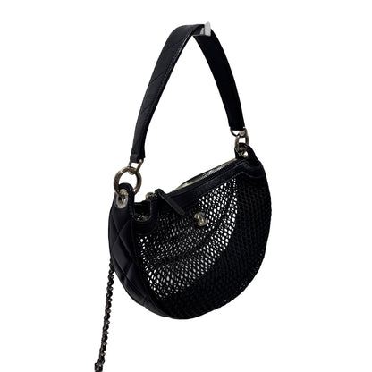 Used CHANEL Mesh 25S Half Moon Clutch Chain Shoulder Bag Black