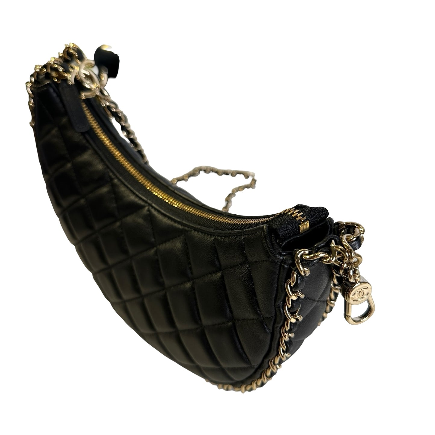 Used CHANEL Quilted Leather Quilted Hobo Hobo Bag Black Gold