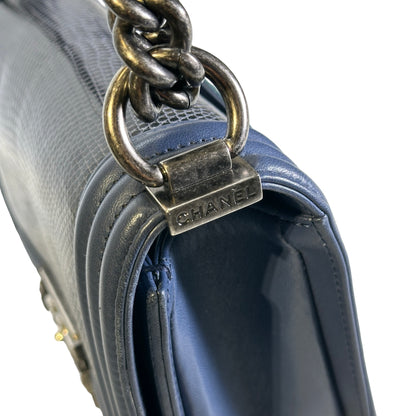 Used CHANEL Lizard Calfskin Boy Bag Shoulder Bag Navy Blue