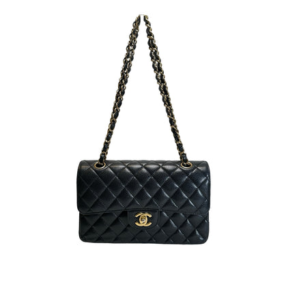 Used CHANEL Quilted Caviar Classic Flap Shoulder Bag Black Gold