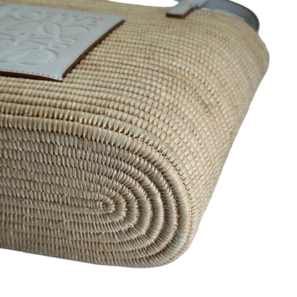 Used LOEWE Raffia Calfskin Square Basket Basket Bag Natural White