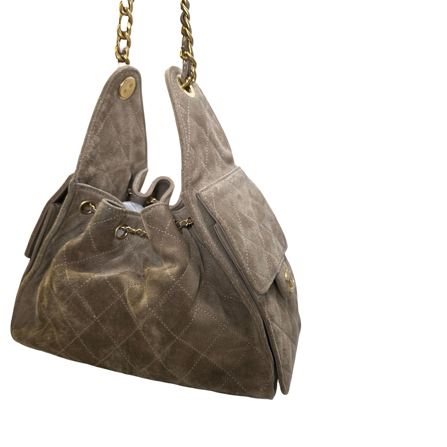 Used CHANEL Suede Quilted Suede Quilted Handbag Handbag Khaki Gold