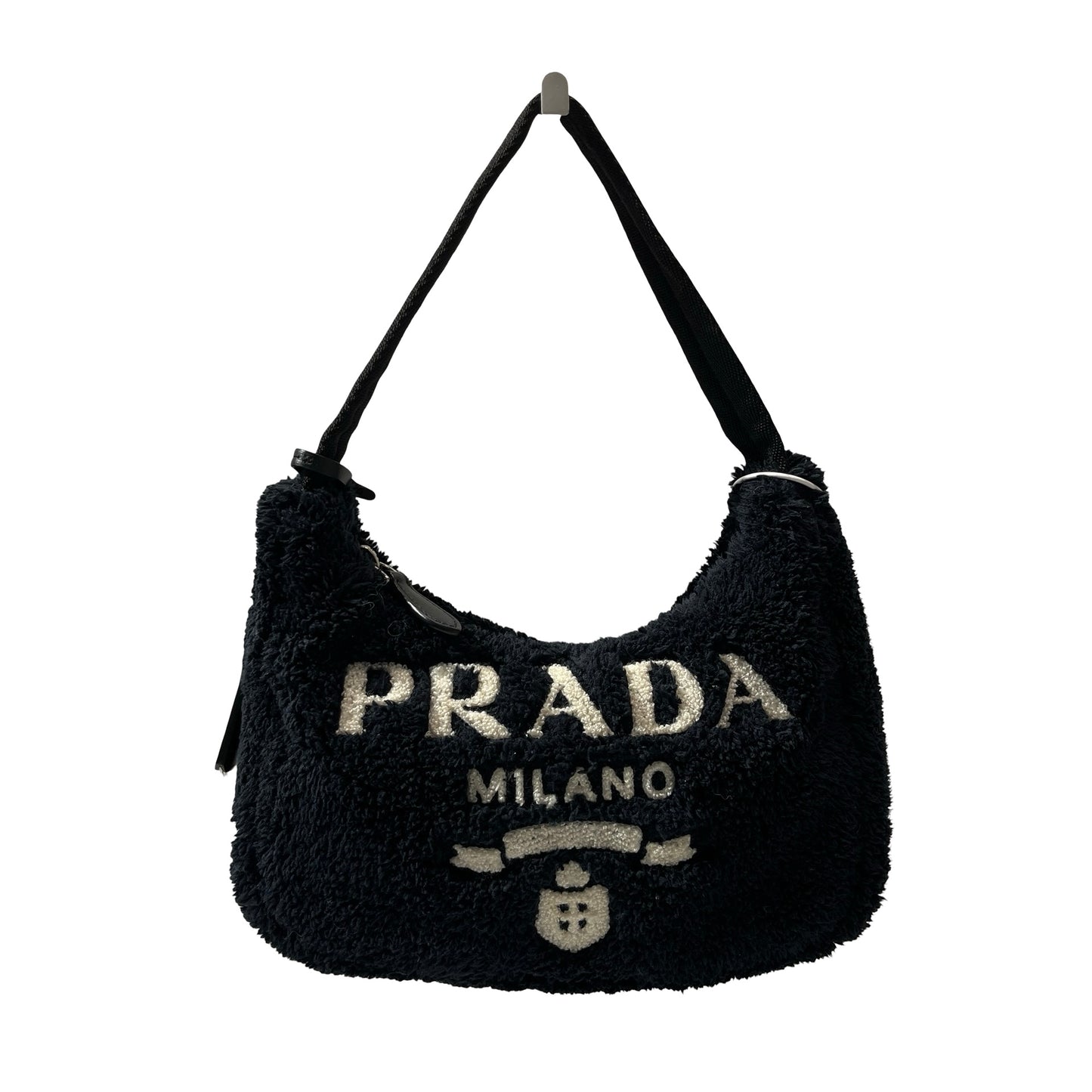 Used PRADA TERRY MINI HOBO Shoulder Bag Black White PHW