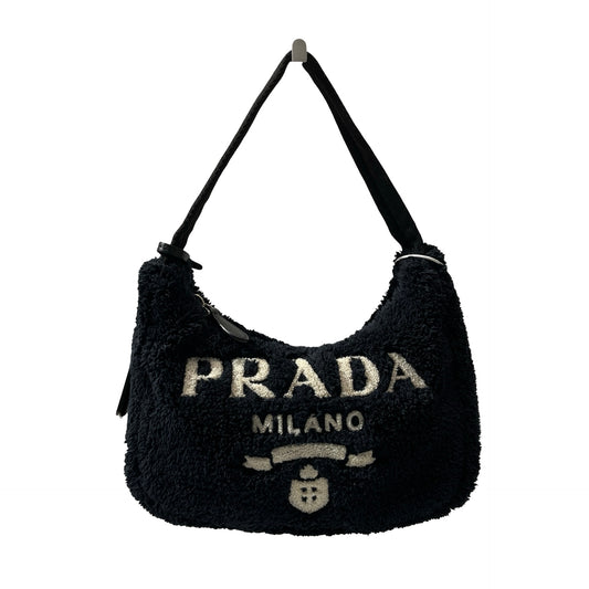 Used PRADA TERRY MINI HOBO Shoulder Bag Black White PHW
