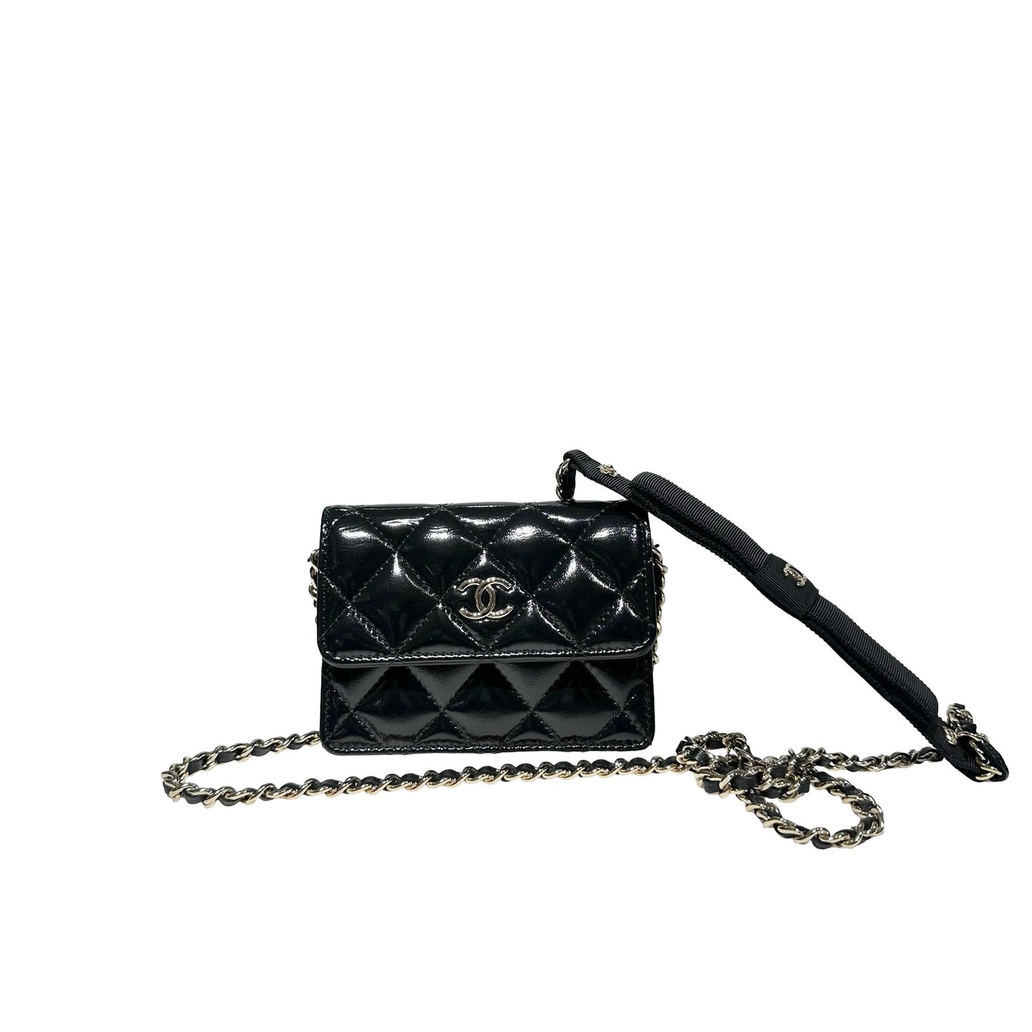 CHANEL MINI POUCH WITH CHAIN BLACK SHINY LAMBSKIN GHW [3000641]