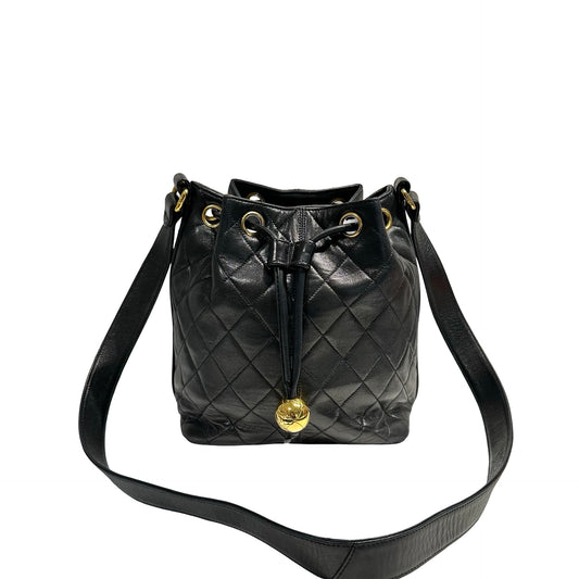CHANEL VINTAGE BUCKET BAG BLACK LAMBSKIN GHW [3001375]