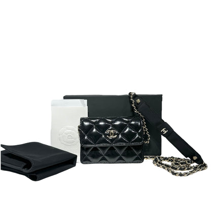 CHANEL MINI POUCH WITH CHAIN BLACK SHINY LAMBSKIN GHW [3000641]