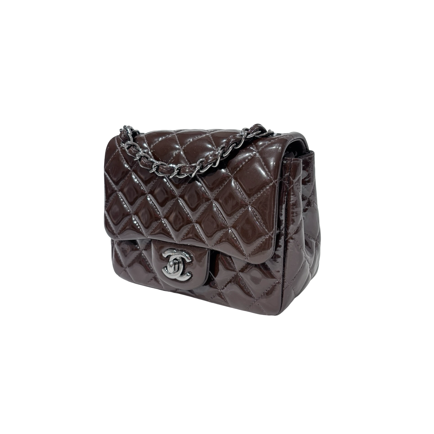 CHANEL MINI FLAP BROWN PATENT PHW [3000209]