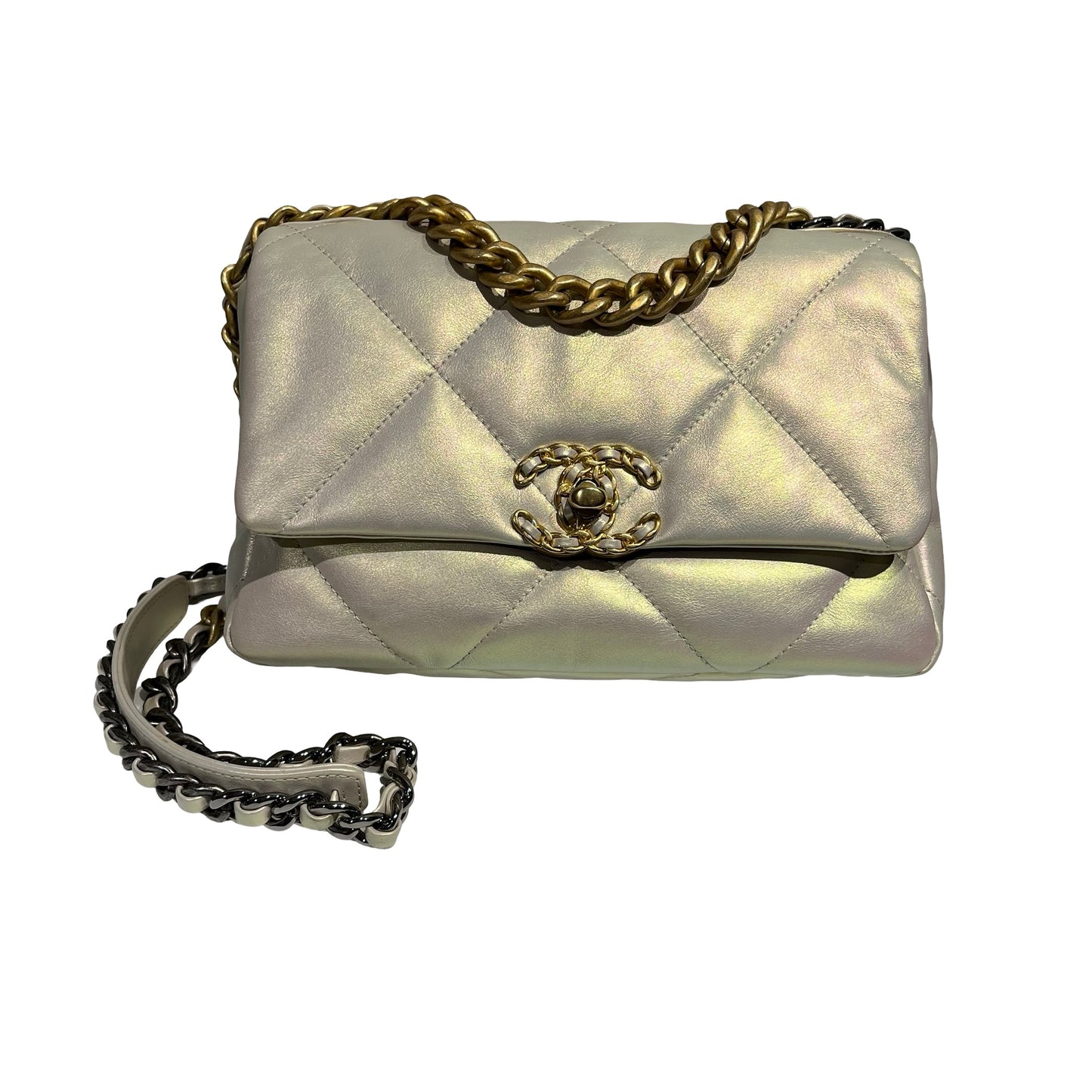 CHANEL 19 SMALL SIZE IRIDESCENT WHITE GHW CHAIN SHOUDLER BAG[3001186]
