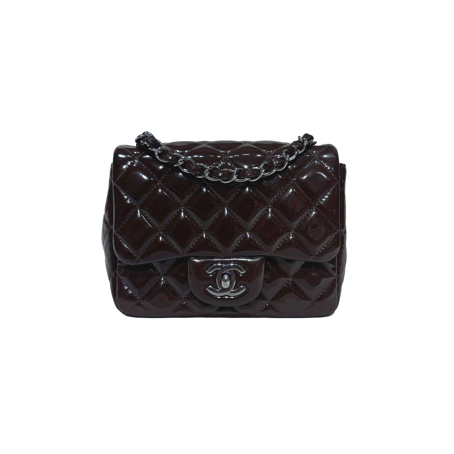 CHANEL MINI FLAP BROWN PATENT PHW [3000209]
