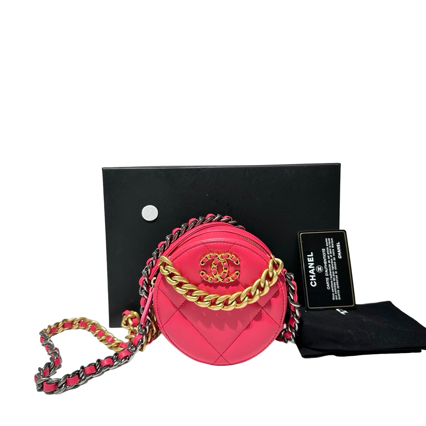 Calf Skin Round Clutch with Chain Two Way Shoulder Bag [101612]