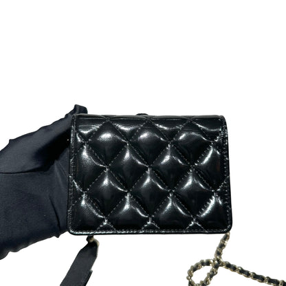 CHANEL MINI POUCH WITH CHAIN BLACK SHINY LAMBSKIN GHW [3000641]