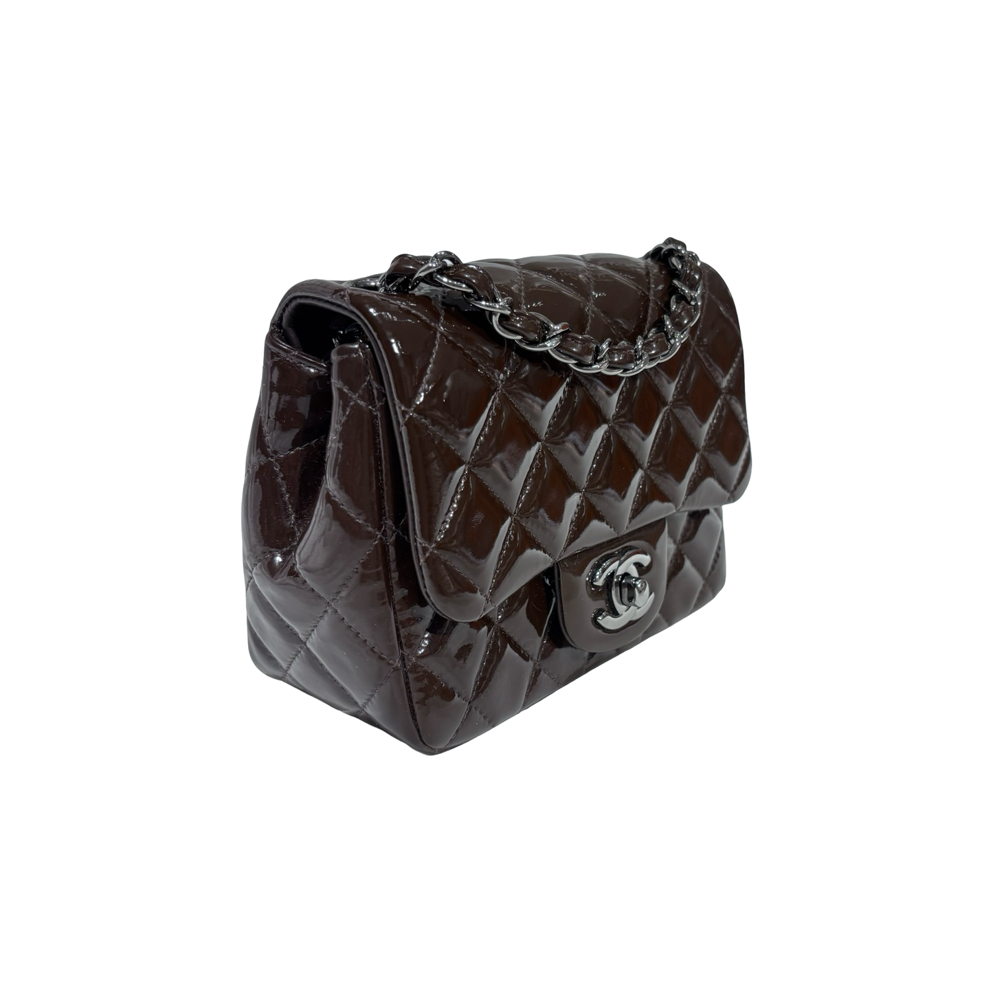 CHANEL MINI FLAP BROWN PATENT PHW [3000209]