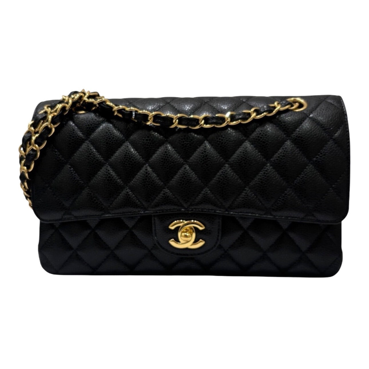 Used CHANEL Caviar Quilted Classic Flap Shoulder Bag Black Gold