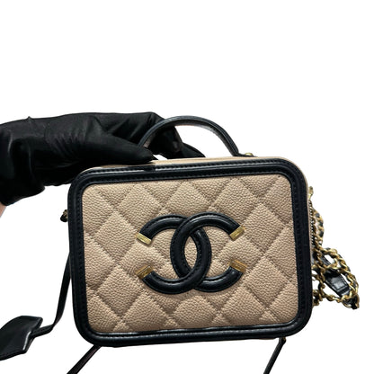 Used CHANEL Quilted Caviar Vanity Bag Vanity case Beige Black