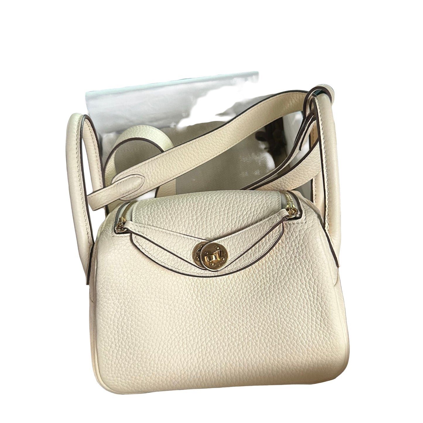 Used HERMES Clemence Mini Lindy Handbag Craie Gold