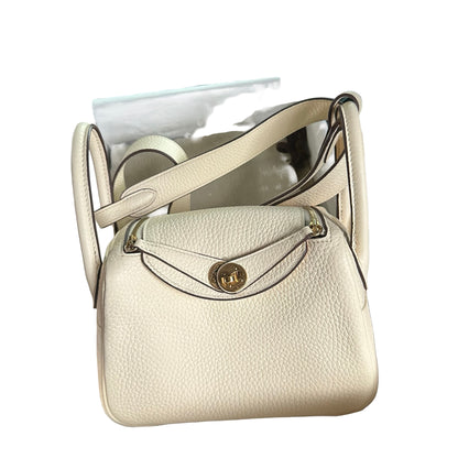 Used HERMES Clemence Mini Lindy Handbag Craie Gold
