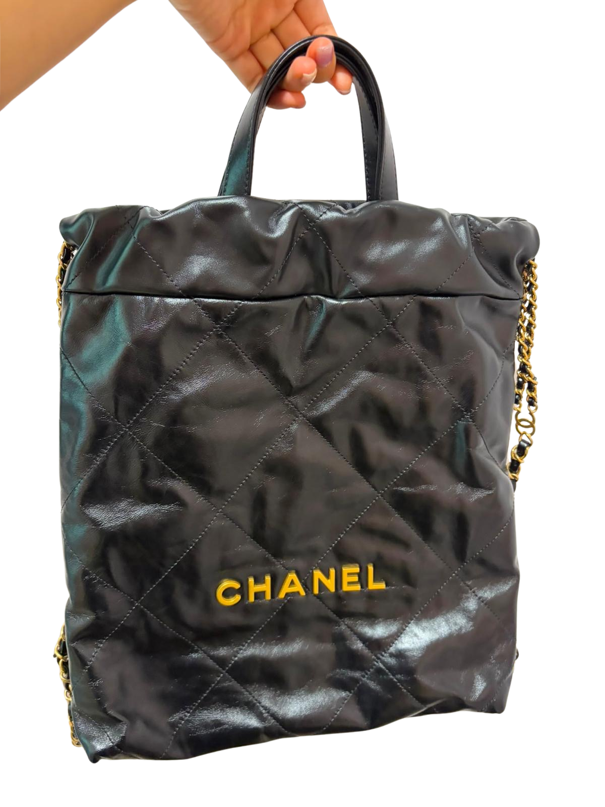 Used CHANEL Quilted Calfskin 22 Backpack Tote Bag Black Gold