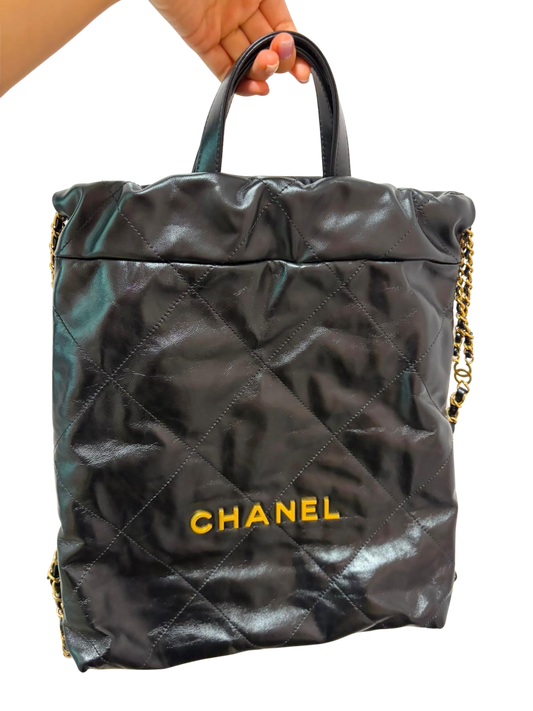 Used CHANEL Quilted Calfskin 22 Backpack Tote Bag Black Gold