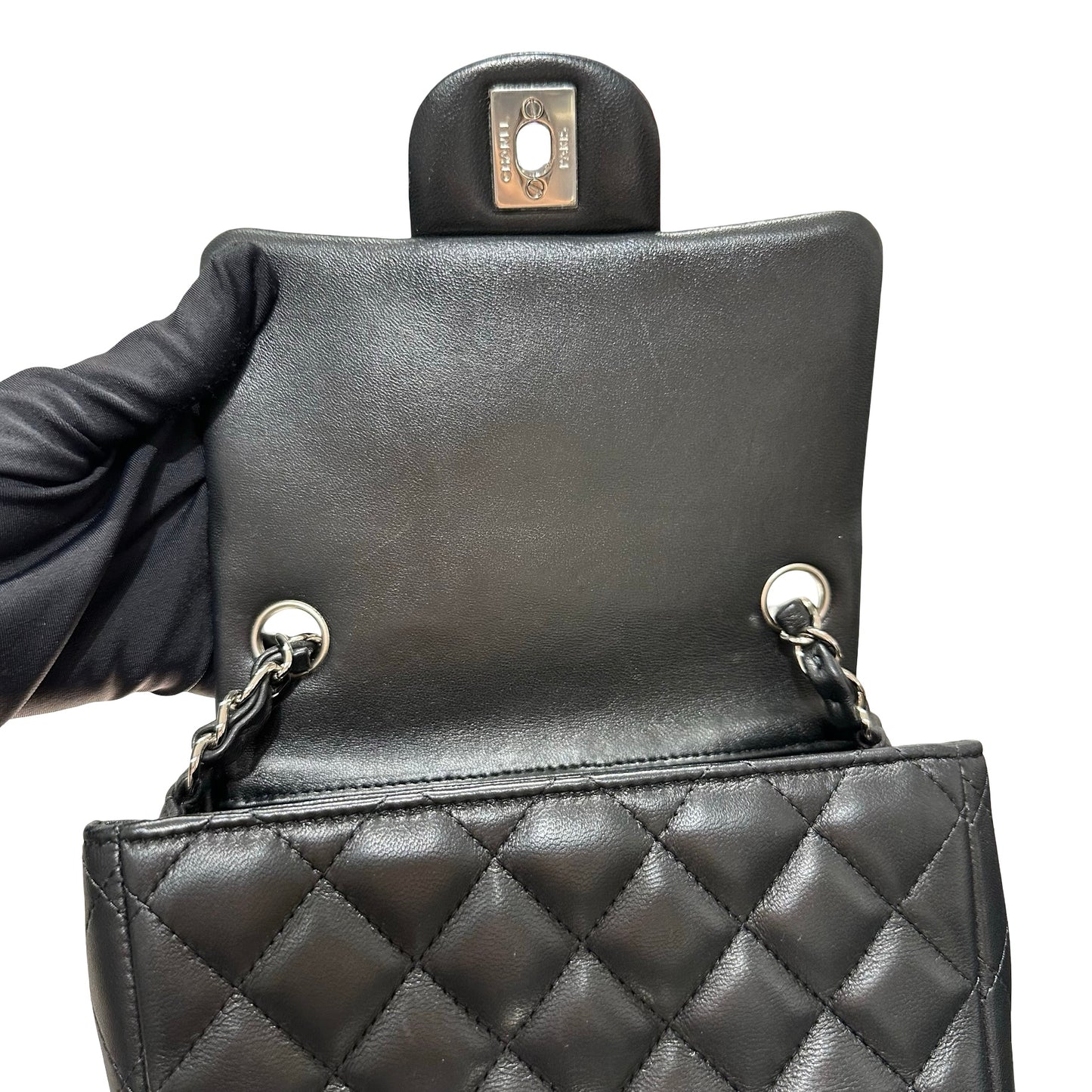 Used CHANEL Lambskin Leather Mini flap 17cm Cross Body Bag Black PHW